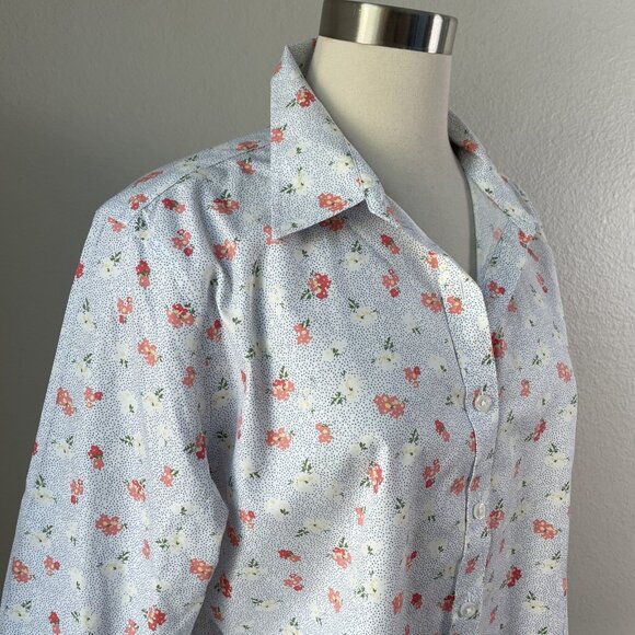 LL Bean Shirt Womens Large Petite Blue Floral Wrinkle Free Button Up 3/4 Sleeve - Picture 2 of 9